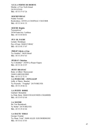 47
S.C.E.A FERME DE BIORNE
Martine et Yves Noël-Artaud
24130 LUNAS
Tél. : 05 53 57 67 26
ROCHEVIDEAU
Nadine Forestier
Rochevideau 24530 LA CHAPELLE FAUCHER
Tél. : 05 53 54 81 35
ROCHE Brigitte
"Leyssartroux"
24160 Saint-Jory Lasbloux
Tél. : 05 53 05 04 01
PUY OL FAURE
Lemaire Dominique
Puy ol Faure 24640 CUBJAC
Tél. : 05 53 05 37 07
PHILIP Gilette et Guy
"La Genèbre" 24620 Sireuil
Tél. : 05 53 29 67 63
PEYRAT Christian
"Le Colombier" 24250 La Roque-Gageac
Tél. : 05 53 28 33 97
PETIT BRASSAC
Reine et Gilbert Marescassier
24440 LABOUQUERIE
Tél. : 05 53 22 32 51
LA PEYRUCHE - FONGALOP
Joëlle et Thierry Bauchet
"La Peyruche - Fongalop" 24170 BELVES
Tél. : 05 53 29 06 16
LA PETITE BORIE
Guichard Bernadette
La Petite Borie 24660 COULOUNIEIX CHAMIERS
Tél. : 05 53 07 63 84
LA MOTHE
Ilse Van Raemdonck
"la Mothe" 24170 BELVES
Tél. : 05 53 29 43 84
LA HAUTE YERLE
Georges Fournier
"La Haute Yerle" 24480 ALLES SUR DORDOGNE
Tél. : 05 53 63 35 85
 