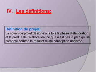 IV. Les définitions:

Définition de projet:
La notion de projet désigne à la fois la phase d’élaboration
et le produit de l’élaboration, ce que n’est pas le plan qui se
présente comme le résultat d’une conception achevée.

 