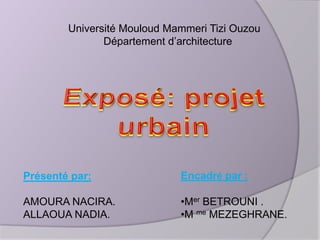 Université Mouloud Mammeri Tizi Ouzou
Département d’architecture

Présenté par:

Encadré par :

AMOURA NACIRA.
ALLAOUA NADIA.

•Mer BETROUNI .
•M me MEZEGHRANE.

 