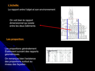 L’échelle:
Le rapport entre l’objet et son environnement
Les proportion:
On voit bien le rapport
dimensionnel qui existe
entre les deux bâtiments
Les proportions généralement
Établissent suivant des rapports
géométriques.
On remarque bien l’existence
des proportions surtout au
niveau des façades
 