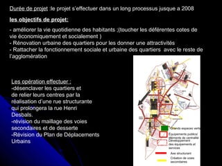 les objectifs de projet:
- améliorer la vie quotidienne des habitants ;(toucher les déférentes cotes de
vie économiquement et socialement )
- Rénovation urbaine des quartiers pour les donner une attractivités
- Rattacher la fonctionnement sociale et urbaine des quartiers avec le reste de
l’agglomération
Les opération effectuer :
-désenclaver les quartiers et
de relier leurs centres par la
réalisation d’une rue structurante
qui prolongera la rue Henri
Desbals.
-révision du maillage des voies
secondaires et de desserte
-Révision du Plan de Déplacements
Urbains
Grands espaces verts
Équipements publics/
éléments de centralité
Développement
des équipements et
services
Axe structurant
Création de voies
secondaires
Durée de projet :le projet s’effectuer dans un long processus jusque a 2008
 