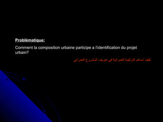 Problématique:
Comment la composition urbaine participe a l’identification du projet
urbain?
‫العمراني‬ ‫المشروع‬ ‫تعريف‬ ‫في‬ ‫العمرانية‬ ‫التركيبة‬ ‫تساهم‬ ‫كيف‬
 