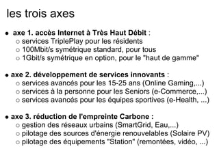 les trois axes
axe 1. accès Internet à Très Haut Débit :
services TriplePlay pour les résidents
100Mbit/s symétrique standard, pour tous
1Gbit/s symétrique en option, pour le "haut de gamme"
axe 2. développement de services innovants :
services avancés pour les 15-25 ans (Online Gaming,...)
services à la personne pour les Seniors (e-Commerce,...)
services avancés pour les équipes sportives (e-Health, ...)
axe 3. réduction de l'empreinte Carbone :
gestion des réseaux urbains (SmartGrid, Eau,...)
pilotage des sources d'énergie renouvelables (Solaire PV)
pilotage des équipements "Station" (remontées, vidéo, ...)
 