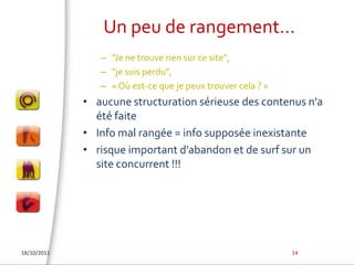Un peu de rangement…"Je ne trouve rien sur ce site", "je suis perdu", « Où est-ce que je peux trouver cela ? »aucune structuration sérieuse des contenus n'a été faiteInfo mal rangée = info supposée inexistanterisque important d’abandon et de surf sur un site concurrent !!!18/10/201114