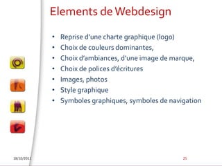 Elements de WebdesignReprise d’une charte graphique (logo)Choix de couleurs dominantes,Choix d’ambiances, d’une image de marque, Choix de polices d’écrituresImages, photosStyle graphiqueSymboles graphiques, symboles de navigation18/10/201125