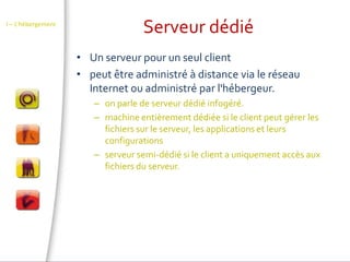 Serveur dédiéI – L’hébergementUn serveur pour un seul clientpeut être administré à distance via le réseau Internet ou administré par l'hébergeur. on parle de serveur dédié infogéré.machine entièrement dédiée si le client peut gérer les fichiers sur le serveur, les applications et leurs configurations serveur semi-dédié si le client a uniquement accès aux fichiers du serveur.