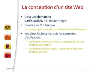 La conception d’un site WebC’est une démarche participative, « brainstorming » Centrée sur l'utilisateur Gros projets = avis d’un panel représentatif d'usagers, Imaginer les besoins, puis les contextes d'utilisation. Les besoins de l'organisation, correspondant à une stratégie d'objectifs ; Les besoins des utilisateurs, correspondant à une stratégie de cible. 18/10/20113