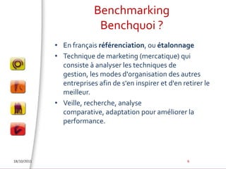 BenchmarkingBenchquoi ?En français référenciation, ou étalonnageTechnique de marketing (mercatique) qui consiste à analyser les techniques de gestion, les modes d'organisation des autres entreprises afin de s'en inspirer et d'en retirer le meilleur.Veille, recherche, analyse comparative, adaptation pour améliorer la performance.18/10/20116