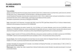 PLANEJAMENTO
                                                                                                                            propagare
DE MÍDIA                                                                                                                    DESIGN E COMUNICAÇÃO




Tática de Mídia
Jornal: Jornal de Piracicaba: Anúncios preto e branco tamanho (3col x 10cm), indeterminado, às quintas-feiras; quatro anúncios coloridos
formato (3col x 10cm), indeterminados) em dois domingos e dois dias que precedem o evento.
Jornal A Gazeta De Piracicaba: Anúncios preto e branco tamanho (3col x 10cm), indeterminado, às terças e quintas-feiras; um anúncio
colorido formato (3col x 10cm), indeterminado, no Domingo em que estará ocorrendo o evento.
Veiculação compreendida no período de 19/06/2008 a 03/08/2008.

Rádio: Spots diários de 30 segundos, veiculados pela Rádio Jovem Pan FM e pela Rádio Difusora FM, em 5 horários indeterminados,
totalizando 340 veiculações no período de 01/07 a 03/08/2008.

Outdoor: Veiculará imagens de outdoor, formato 3m x 9m (32 folhas), em 5 pontos diferentes, tendo início em 21/06/2008 e sendo
retirados em 01/08/2008. Neste caso, existe a possibilidade de negociação para que os mesmos fiquem expostos até a data do evento
(dias 02 e 03 de agosto). Entretanto, necessita-se verificar disponibilidade de agendamento junto a empresa de outdoor.

Busdoor: Imagem inserida em 25 ônibus de linhas diferentes, entre pontos centrais e periféricos da cidade no período de 01/07/2008 a
31/07/2008. O valor de custo da produção da lona para veiculação (2,10m x 1,0m) já está incluso sobre o preço final.

Escada Rolante: Será inserida propaganda nas duas faces de uma escada rolante do Shopping Piracicaba, com material de lona na
medida 14,15 x 0,6m, no período compreendido entre 04/07/2008 a 03/08/2008.

Cancela: Veiculação de propaganda em 5 cancelas, nas entradas do Shopping Piracicaba, com material adesivo (1,30m x 0,30m) no
período de 04/07/2008 a 03/08/2008.
Observação: blimp, móbile, flyer, folder, bandeirinhas e demais brindes serão somente utilizados nas ações de promoção e nos locais
por ela determinados.
                                                                                                                                129
 