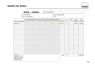 MAPAS DE MÍDIA                                                                                                                                                             propagare
                                                                                                                                                                           DESIGN E COMUNICAÇÃO




                            MÍDIA - JORNAL                                    CLIENTE:   Aversa Motos

                        MÊS:   Junho/2008                                                                PRAÇA:    Piracicaba/SP
                        PRODUTO:   Motocicletas                                                          TÍTULO:

                              01 02 03 04 05 06 07 08 09 10 11 12 13 14 15 16 17 18 19 20 21 22 23 24 25 26 27 28 29 30 31                      CUSTO       CUSTO       CUSTO
                                                                                                                            FORMATO    FREQ.   CM x COL.   UNITÁRIO
                              D S T Q Q S S D S T Q Q S S D S T Q Q S S D S T Q Q S S D S T                                                                             TOTAL
    Jornal de Piracicaba (PB)                                                                                              3colx10cm    4                  679,77     2.719,08

    Gazeta (PB)                                                                                                          3colx10cm      3                  449,40     1.348,20




    OBSERVAÇÕES:
                                                                                                                             TOTAL      7                             4.067,28
    Impressão P & B.
    Pagamento à vista.
    Valores em Reais.
    Indeterminado.

                                                                                                                                                                                          131
 
