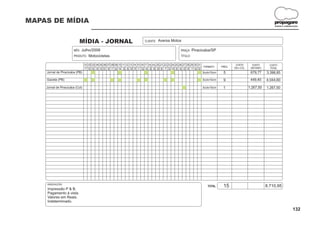MAPAS DE MÍDIA                                                                                                                                                              propagare
                                                                                                                                                                            DESIGN E COMUNICAÇÃO




                            MÍDIA - JORNAL                                    CLIENTE:   Aversa Motos

                        MÊS:   Julho/2008                                                                PRAÇA:    Piracicaba/SP
                        PRODUTO:   Motocicletas                                                          TÍTULO:

                              01 02 03 04 05 06 07 08 09 10 11 12 13 14 15 16 17 18 19 20 21 22 23 24 25 26 27 28 29 30 31                      CUSTO        CUSTO       CUSTO
                                                                                                                            FORMATO    FREQ.   CM x COL.    UNITÁRIO
                              T Q Q S S D S T Q Q S S D S T Q Q S S D S T Q Q S S D S T Q Q                                                                              TOTAL
    Jornal de Piracicaba (PB)                                                                                              3colx10cm    5                   679,77     3.398,85

    Gazeta (PB)                                                                                                          3colx10cm      9                   449,40     4.044,60

    Jornal de Piracicaba (Col)                                                                                           3colx10cm      1                  1.267,50    1.267,50




    OBSERVAÇÕES:
                                                                                                                             TOTAL      15                             8.710,95
    Impressão P & B.
    Pagamento à vista.
    Valores em Reais.
    Indeterminado.

                                                                                                                                                                                           132
 