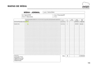 MAPAS DE MÍDIA                                                                                                                                                               propagare
                                                                                                                                                                             DESIGN E COMUNICAÇÃO




                            MÍDIA - JORNAL                                    CLIENTE:   Aversa Motos

                        MÊS:   Agosto/2008                                                                PRAÇA:    Piracicaba/SP
                        PRODUTO:   Motocicletas                                                           TÍTULO:

                               01 02 03 04 05 06 07 08 09 10 11 12 13 14 15 16 17 18 19 20 21 22 23 24 25 26 27 28 29 30 31                      CUSTO        CUSTO       CUSTO
                                                                                                                             FORMATO    FREQ.   CM x COL.    UNITÁRIO
                                SS D                                                                                                                                      TOTAL
    Jornal de Piracicaba (Col)                                                                                              3colx10cm    3                  1.267,50    3.802,50

    Gazeta (Col)                                                                                                          3colx10cm      1                   835,50     835,50




    OBSERVAÇÕES:
                                                                                                                              TOTAL      4                              4.638,00
    Impressão P & B.
    Pagamento à vista.
    Valores em Reais.
    Indeterminado.

                                                                                                                                                                                            133
 