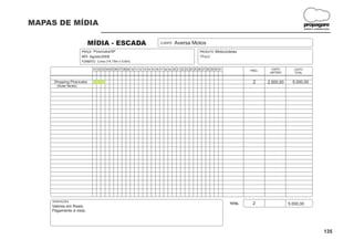 MAPAS DE MÍDIA                                                                                                                                                    propagare
                                                                                                                                                                  DESIGN E COMUNICAÇÃO




                           MÍDIA - ESCADA                                  CLIENTE:   Aversa Motos
                    PRAÇA: Piracicaba/SP                                                                PRODUTO: Motocicletas
                    MÊS: Agosto/2008                                                                    TÍTULO:
                    FORMATO: Lona (14,15m x 0,6m)

                            01 02 03 04 05 06 07 08 09 10 11 12 13 14 15 16 17 18 19 20 21 22 23 24 25 26 27 28 29 30 31           FREQ.
                                                                                                                                             CUSTO        CUSTO
                                                                                                                                            UNITÁRIO      TOTAL


     Shopping Piracicaba                                                                                                            2      2.500,00      5.000,00
      (duas faces)




    OBSERVAÇÕES:
                                                                                                                           TOTAL    2                  5.000,00
    Valores em Reais.
    Pagamento à vista.




                                                                                                                                                                                 135
 