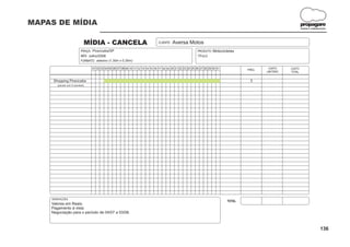 MAPAS DE MÍDIA                                                                                                                                                       propagare
                                                                                                                                                                     DESIGN E COMUNICAÇÃO




                              MÍDIA - CANCELA                                     CLIENTE:   Aversa Motos
                            PRAÇA: Piracicaba/SP                                                               PRODUTO: Motocicletas
                            MÊS: Julho/2008                                                                    TÍTULO:
                            FORMATO: adesivo (1,30m x 0,30m)

                                   01 02 03 04 05 06 07 08 09 10 11 12 13 14 15 16 17 18 19 20 21 22 23 24 25 26 27 28 29 30 31           FREQ.
                                                                                                                                                   CUSTO     CUSTO
                                                                                                                                                  UNITÁRIO   TOTAL


     Shopping Piracicaba                                                                                                                   1
        (pacote com 5 cancelas)




    OBSERVAÇÕES:
                                                                                                                                  TOTAL
    Valores em Reais.
    Pagamento à vista
    Negociação para o período de 04/07 a 03/08.



                                                                                                                                                                                    136
 