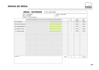 MAPAS DE MÍDIA                                                                                                                                              propagare
                                                                                                                                                            DESIGN E COMUNICAÇÃO




                       MÍDIA - OUTDOOR                                     CLIENTE:   Aversa Motos

                      PRAÇA: Piracicaba                                                                 PRODUTO: Motocicletas
                      MÊS: Junho/2008                                                                   TÍTULO:
                      FORMATO: 3 x 9m (32 folhas)

                            01 02 03 04 05 06 07 08 09 10 11 12 13 14 15 16 17 18 19 20 21 22 23 24 25 26 27 28 29 30            FREQ.
                                                                                                                                          CUSTO     CUSTO
                                                                                                                                         UNITÁRIO   TOTAL
    Av. 31 de Março                                                                                                                1     500,00     500,00

    Rua XV de Novembro                                                                                                             1     500,00     500,00

    Av. Independência                                                                                                              1     500,00     500,00

     Av. Alberto V. Sachs                                                                                                          1     500,00     500,00

     Av. Armando Salles                                                                                                            1     500,00     500,00




    OBSERVAÇÕES:
                                                                                                                         TOTAL     5                2.500,00




                                                                                                                                                                           140
 
