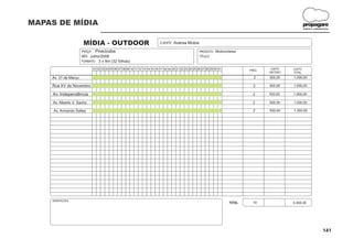 MAPAS DE MÍDIA                                                                                                                                                propagare
                                                                                                                                                              DESIGN E COMUNICAÇÃO




                       MÍDIA - OUTDOOR                                     CLIENTE:   Aversa Motos

                      PRAÇA: Piracicaba                                                                 PRODUTO: Motocicletas
                      MÊS: Julho/2008                                                                   TÍTULO:
                      FORMATO: 3 x 9m (32 folhas)

                            01 02 03 04 05 06 07 08 09 10 11 12 13 14 15 16 17 18 19 20 21 22 23 24 25 26 27 28 29 30 31           FREQ.
                                                                                                                                            CUSTO     CUSTO
                                                                                                                                           UNITÁRIO   TOTAL
    Av. 31 de Março                                                                                                                  2     500,00     1.000,00

    Rua XV de Novembro                                                                                                               2     500,00     1.000,00

    Av. Independência                                                                                                                2     500,00     1.000,00

     Av. Alberto V. Sachs                                                                                                            2     500,00     1.000,00

     Av. Armando Salles                                                                                                              2     500,00     1.000,00




    OBSERVAÇÕES:
                                                                                                                           TOTAL     10               5.000,00




                                                                                                                                                                             141
 