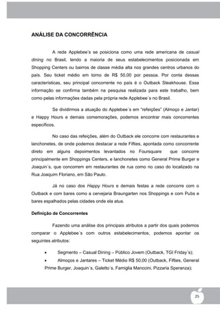 ANÁLISE DA CONCORRÊNCIA


          A rede Applebee‟s se posiciona como uma rede americana de casual
dining no Brasil, tendo a maioria de seus estabelecimentos posicionada em
Shopping Centers ou bairros de classe média alta nos grandes centros urbanos do
país. Seu ticket médio em torno de R$ 50,00 por pessoa. Por conta dessas
características, seu principal concorrente no país é o Outback Steakhouse. Essa
informação se confirma também na pesquisa realizada para este trabalho, bem
como pelas informações dadas pela própria rede Applebee´s no Brasil.

          Se dividirmos a atuação do Applebee´s em “refeições” (Almoço e Jantar)
e Happy Hours e demais comemorações, podemos encontrar mais concorrentes
específicos.

          No caso das refeições, além do Outback ele concorre com restaurantes e
lanchonetes, de onde podemos destacar a rede Fifties, apontada como concorrente
direto em alguns depoimentos levantados no Foursquare                que concorre
principalmente em Shoppings Centers, e lanchonetes como General Prime Burger e
Joaquin´s, que concorrem em restaurantes de rua como no caso do localizado na
Rua Joaquim Floriano, em São Paulo.

          Já no caso dos Happy Hours e demais festas a rede concorre com o
Outback e com bares como a cervejaria Braungarten nos Shoppings e com Pubs e
bares espalhados pelas cidades onde ela atua.

Definição de Concorrentes

          Fazendo uma análise dos principais atributos a partir dos quais podemos
comparar o Applebee´s com outros estabelecimentos, podemos apontar os
seguintes atributos:

              Segmento – Casual Dining – Público Jovem (Outback, TGI Friday´s);
              Almoços e Jantares – Ticket Médio R$ 50,00 (Outback, Fifties, General
      Prime Burger, Joaquin´s, Galetto´s, Famiglia Manccini, Pizzaria Speranza);




                                                                                   25
 