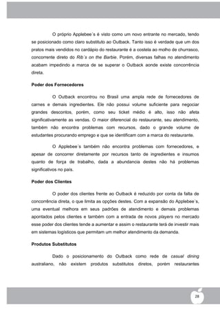 O próprio Applebee´s é visto como um novo entrante no mercado, tendo
se posicionado como claro substituto ao Outback. Tanto isso é verdade que um dos
pratos mais vendidos no cardápio do restaurante é a costela ao molho de churrasco,
concorrente direto do Rib´s on the Barbie. Porém, diversas falhas no atendimento
acabam impedindo a marca de se superar o Outback aonde existe concorrência
direta.

Poder dos Fornecedores

           O Outback encontrou no Brasil uma ampla rede de fornecedores de
carnes e demais ingredientes. Ele não possui volume suficiente para negociar
grandes descontos, porém, como seu ticket médio é alto, isso não afeta
significativamente as vendas. O maior diferencial do restaurante, seu atendimento,
também não encontra problemas com recursos, dado o grande volume de
estudantes procurando emprego e que se identificam com a marca do restaurante.

           O Applebee´s também não encontra problemas com fornecedores, e
apesar de concorrer diretamente por recursos tanto de ingredientes e insumos
quanto de força de trabalho, dada a abundancia destes não há problemas
significativos no país.

Poder dos Clientes

           O poder dos clientes frente ao Outback é reduzido por conta da falta de
concorrência direta, o que limita as opções destes. Com a expansão do Applebee´s,
uma eventual melhora em seus padrões de atendimento e demais problemas
apontados pelos clientes e também com a entrada de novos players no mercado
esse poder dos clientes tende a aumentar e assim o restaurante terá de investir mais
em sistemas logísticos que permitam um melhor atendimento da demanda.

Produtos Substitutos

           Dado o posicionamento do Outback como rede de casual dining
australiano,   não   existem   produtos   substitutos   diretos,   porém   restaurantes




                                                                                    28
 