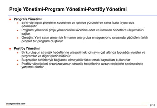 p 12
oktayaltindis.com
Proje Yönetimi-Program Yönetimi-Portföy Yönetimi
 Program Yönetimi
 Birbiriyle ilişkili projelerin koordineli bir şekilde yürütülerek daha fazla fayda elde
edilmesidir
 Program yöneticisi proje yöneticilerini koordine eder ve istenilen hedeflere ulaşılmasını
sağlar
 Örneğin: Yeni satın alınan bir firmanın ana gruba entegrasyonu sırasında yürütülen farklı
projeler bir program oluşturur
 Portföy Yönetimi
 Bir kuruluşun stratejik hedeflerine ulaşabilmek için aynı çatı altında topladığı projeler ve
programlar ve diğer işlerin bütünür
 Bu projeler birbirleriyle bağlantılı olmayabilir fakat ortak kaynakları kullanırlar
 Portföy yöneticileri organizasyonun stratejik hedeflerine uygun projelerin seçilmesinde
yardımcı olurlar
 