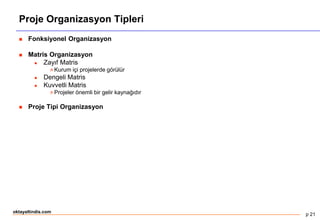 p 21
oktayaltindis.com
Proje Organizasyon Tipleri
 Fonksiyonel Organizasyon
 Matris Organizasyon
 Zayıf Matris
 Kurum içi projelerde görülür
 Dengeli Matris
 Kuvvetli Matris
 Projeler önemli bir gelir kaynağıdır
 Proje Tipi Organizasyon
 