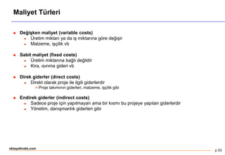 p 53
oktayaltindis.com
Maliyet Türleri
 Değişken maliyet (variable costs)
 Üretim miktarı ya da iş miktarına göre değişir
 Malzeme, işçilik vb
 Sabit maliyet (fixed costs)
 Üretim miktarına bağlı değildir
 Kira, ısınma gideri vb
 Direk giderler (direct costs)
 Direkt olarak proje ile ilgili giderlerdir
 Proje takımının giderleri, malzeme, işçilik gibi
 Endirek giderler (indirect costs)
 Sadece proje için yapılmayan ama bir kısmı bu projeye yapılan giderlerdir
 Yönetim, danışmanlık giderleri gibi
 