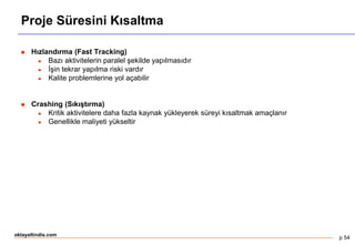 p 54
oktayaltindis.com
Proje Süresini Kısaltma
 Hızlandırma (Fast Tracking)
 Bazı aktivitelerin paralel şekilde yapılmasıdır
 İşin tekrar yapılma riski vardır
 Kalite problemlerine yol açabilir
 Crashing (Sıkıştırma)
 Kritik aktivitelere daha fazla kaynak yükleyerek süreyi kısaltmak amaçlanır
 Genellikle maliyeti yükseltir
 