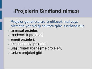 Projelerin Sınıflandırılması










Projeler genel olarak, üretilecek mal veya
hizmetin yer aldığı sektöre göre sınıflandırılır.
tarımsal projeler,
madencilik projeleri,
enerji projeleri,
imalat sanayi projeleri,
ulaştırma-haberleşme projeleri,
turizm projeleri gibi

 