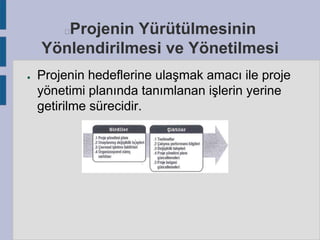 Projenin Yürütülmesinin
Yönlendirilmesi ve Yönetilmesi


●

Projenin hedeflerine ulaşmak amacı ile proje
yönetimi planında tanımlanan işlerin yerine
getirilme sürecidir.

 