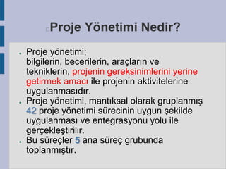 Proje Yönetimi Nedir?



●

●

●

Proje yönetimi;
bilgilerin, becerilerin, araçların ve
tekniklerin, projenin gereksinimlerini yerine
getirmek amacı ile projenin aktivitelerine
uygulanmasıdır.
Proje yönetimi, mantıksal olarak gruplanmış
42 proje yönetimi sürecinin uygun şekilde
uygulanması ve entegrasyonu yolu ile
gerçekleştirilir.
Bu süreçler 5 ana süreç grubunda
toplanmıştır.

 