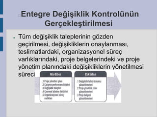 Entegre Değişiklik Kontrolünün
Gerçekleştirilmesi



●

Tüm değişiklik taleplerinin gözden
geçirilmesi, değişikliklerin onaylanması,
teslimatlardaki, organizasyonel süreç
varlıklarındaki, proje belgelerindeki ve proje
yönetim planındaki değişikliklerin yönetilmesi
sürecidir.

 