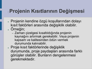 Projenin Kısıtlarının Değişmesi



●

●

Projenin kendine özgü koşullarından dolayı
kısıt faktörleri arasında değişiklik olabilir.
Örneğin;
–

●

Zaman çizelgesi kısaltıldığında projenin
kaynağını artırmak gerekebilir. Veya projenin
kapsam ve kalitesinden ödün vermek
durumunda kalınabilir.

Proje kısıt faktörlerinde değişiklik
durumunda, proje paydaşları arasında farklı
görüşler olabilir. Bunların dengelenmesi
gerekmektedir.

 