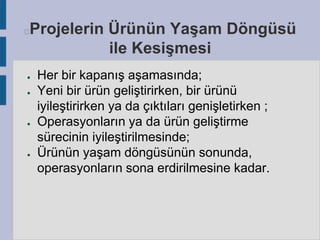 Projelerin Ürünün Yaşam Döngüsü
ile Kesişmesi



●
●

●

●

Her bir kapanış aşamasında;
Yeni bir ürün geliştirirken, bir ürünü
iyileştirirken ya da çıktıları genişletirken ;
Operasyonların ya da ürün geliştirme
sürecinin iyileştirilmesinde;
Ürünün yaşam döngüsünün sonunda,
operasyonların sona erdirilmesine kadar.

 