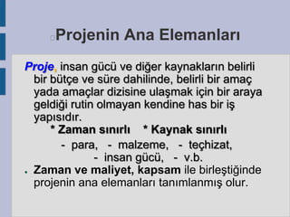 Projenin Ana Elemanları



Proje, insan gücü ve diğer kaynakların belirli
bir bütçe ve süre dahilinde, belirli bir amaç
yada amaçlar dizisine ulaşmak için bir araya
geldiği rutin olmayan kendine has bir iş
yapısıdır.
* Zaman sınırlı * Kaynak sınırlı
- para, - malzeme, - teçhizat,
- insan gücü, - v.b.
● Zaman ve maliyet, kapsam ile birleştiğinde
projenin ana elemanları tanımlanmış olur.

 