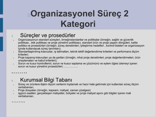 Organizasyonel Süreç 2
Kategori



1.
●

●

●

●

Süreçler ve prosedürler

Organizasyonun standart süreçleri, örneğinstandartlar ve politikalar (örneğin, sağlık ve güvenlik
politikası , etik politikası ve proje yönetimi politikası), standart ürün ve proje yaşam döngüleri, kalite
politika ve prosedürleri (örneğin, süreç denetimleri, iyileştirme hedefleri , kontrol listeleri ve organizasyon
içinde kullanılacak süreç tanımları);
Standartlaştırılmış kılavuzlar, iş talimatları, teknik teklif değerlendirme kriterleri ve performans ölçüm
kriterleri;
Proje kapanış kılavuzları ya da şartları (örneğin, nihai proje denetimleri, proje değerlendirmeleri, ürün
onaylamaları ve kabul kriterleri);
Sorun ve kusur kontrollerini, sorun ve kusur saptama ve çözümünü ve eylem öğesi izlemeyi içeren
sorun ve kusur yönetimi prosedürleri; ……………..

.…….
1.
●

●
●

Kurumsal Bilgi Tabanı

Süreç ve ürünlere ilişkin ölçüm verilerini toplamak ve hazır hale getirmek için kullanılan süreç ölçüm
veritabaniarı,
Proje dosyaları (örneğin, kapsam, maliyet, zaman çizelgesi)
işgücü saatleri, gerçekleşen maliyetler, bütçeler ve proje maliyet aşımı gibi bilgiler içeren mali
veritabaniarı.

……..

 