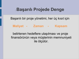 Başarılı Projede Denge



Başarılı bir proje yönetimi, her üç kısıt için

Maliyet -

Zaman

-

Kapsam

belirlenen hedeflere ulaşılması ve proje
finansörünün veya müşterinin memnuniyeti
ile ölçülür.

 