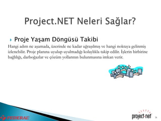    Proje Yaşam Döngüsü Takibi
Hangi adım ne aşamada, üzerinde ne kadar uğraşılmış ve hangi noktaya gelinmiş
izlenebilir. Proje planına uyulup uyulmadığı kolaylıkla takip edilir. İşlerin birbirine
bağlılığı, darboğazlar ve çözüm yollarının bulunmasına imkan verir.




                                                                                          26
 