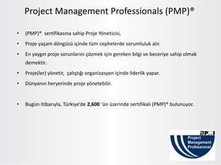 • (PMP)® sertifikasına sahip Proje Yöneticisi,
• Proje yaşam döngüsü içinde tüm cephelerde sorumluluk alır.
• En yaygın proje sorunlarını çözmek için gereken bilgi ve beceriye sahip olmak
demektir.
• Proje(ler) yönetir, çalıştığı organizasyon içinde liderlik yapar.
• Dünyanın heryerinde proje yönetebilir.
• Bugün itibarıyla, Türkiye’de 2,600 ‘ün üzerinde sertifikalı (PMP)® bulunuyor.
Project Management Professionals (PMP)®
 