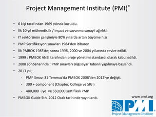 Project Management Institute (PMI)®
• 6 kişi tarafından 1969 yılında kuruldu.
• İlk 10 yıl mühendislik / inşaat ve savunma sanayii ağırlıklı
• IT sektörünün gelişimiyle 80’li yıllarda artan büyüme hızı
• PMP Sertifikasyon sınavları 1984’den itibaren
• İlk PMBOK 1985’de; sonra 1996, 2000 ve 2004 yıllarında revize edildi.
• 1999 : PMBOK ANSI tarafından proje yönetimi standardı olarak kabul edildi.
• 2000 sonbaharında : PMP sınavları Bilgisayar Tabanlı yapılmaya başlandı.
• 2013 yılı;
- PMP Sınavı 31 Temmuz’da PMBOK 2008’den 2012’ye değişti.
- 300 + component (Chapter, College ve SIG )
- 480,000 üye ve 550,000 sertifikalı PMP
• PMBOK Guide 5th 2012 Ocak tarihinde yayınlandı. www.pmi.org
 