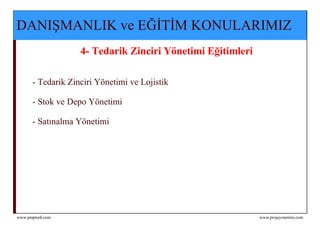 DANIŞMANLIK ve EĞİTİM KONULARIMIZ   4- Tedarik Zinciri Yönetimi Eğitimleri   - Tedarik Zinciri Yönetimi ve Lojistik - Stok ve Depo Yönetimi  - Satınalma Yönetimi 