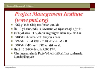 Project Management Institute (www.pmi.org) 1969 yılında 6 kişi tarafından kuruldu İlk 10 yıl mühendislik, savunma ve inşaat sanayi ağırlıklı 80’li yıllarda BT sektörünün gelişiyle artan büyüme hızı 1984’den itibaren sertifikasyon sınavı 1996’da ilk PMBOK – 2004’de son PMBOK 1999’da PMP sınavı ISO sertifikası aldı  Bugün 210.000 üye, 185.000 PMP. Uluslararası alanda Proje Yöneticisi Kalifikasyonlarında Standardizasyon 