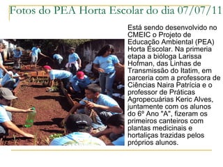 Fotos do PEA Horta Escolar do dia 07/07/11  Está sendo desenvolvido no CMEIC o Projeto de Educação Ambiental (PEA) Horta Escolar. Na primeria etapa a bióloga Larissa Hofman, das Linhas de Transmissão do Itatim, em parceria com a professora de Ciências Naira Patrícia e o professor de Práticas Agropecuárias Keric Alves, juntamente com os alunos do 6º Ano "A", fizeram os primeiros canteiros com plantas medicinais e hortaliças trazidas pelos próprios alunos.  