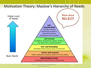 Motivation Theory: Maslow’s Hierarchy of Needs
Basic Needs
Higher Level
of Needs
What about
Wi-Fi??
22Project Human Resource Management
by Muzaffar Ansari
 