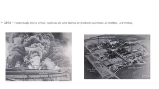 • 1974 – Flixborough, Reino Unido: Explosão de uma fábrica de produtos químicos: 23 mortos, 104 feridos;
 