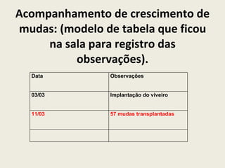 Acompanhamento de crescimento de mudas: (modelo de tabela que ficou na sala para registro das observações).     Data  Observações  03/03 Implantação do viveiro 11/03 57 mudas transplantadas 