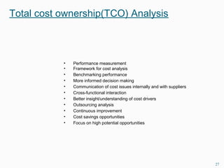 • Performance measurement
• Framework for cost analysis
• Benchmarking performance
• More informed decision making
• Communication of cost issues internally and with suppliers
• Cross-functional interaction
• Better insight/understanding of cost drivers
• Outsourcing analysis
• Continuous improvement
• Cost savings opportunities
• Focus on high potential opportunities
27
Total cost ownership(TCO) Analysis
 