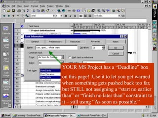 YOUR MS Project has a “Deadline” box
on this page! Use it to let you get warned
when something gets pushed back too far,
but STILL not assigning a “start no earlier
than” or “finish no later than” constraint to
it – still using “As soon as possible.”
 