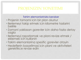 PROJENIZIN YONETIMI
Tahim elemanlarinizla beraber
• Projenin tamami icin bir plan olustur
• Ilerlemeyi takip etmek icin kilometre taslarini
belirle
• Zamani yaklasan gorevler icin daha fazla detay
sagla
• Ilerlemeyi raporlamak ve plani revize etmek /
eklemek icin kullanin
• Takim elemanlarina spesific gorevler atayin
• Hedeflerin basarilmasi icin plani ve aktiviteleri
gerektikce revize edin
 