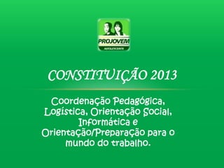 CONSTITUIÇÃO 2013
 Coordenação Pedagógica,
Logística, Orientação Social,
        Informática e
Orientação/Preparação para o
     mundo do trabalho.
 