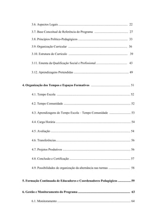 3.6. Aspectos Legais ........................................................................................ 22
3.7. Base Conceitual de Referência do Programa ........................................... 27
3.8. Princípios Político-Pedagógicos ............................................................... 33
3.9. Organização Curricular ........................................................................... 36
3.10. Estrutura do Currículo ........................................................................... 39
3.11. Ementa da Qualificação Social e Profissional ....................................... 43
3.12. Aprendizagens Pretendidas ...................................................................... 49
4. Organização dos Tempos e Espaços Formativos .................................................. 51
4.1. Tempo Escola ............................................................................................. 52
4.2. Tempo Comunidade ..................................................................................... 52
4.3. Aprendizagens do Tempo Escola – Tempo Comunidade ........................... 53
4.4. Carga Horária ............................................................................................... 54
4.5. Avaliação ..................................................................................................... 54
4.6. Transferências............................................................................................... 56
4.7. Projetos Produtivos ...................................................................................... 56
4.8. Conclusão e Certificação ............................................................................. 57
4.9. Possibilidades de organização da alternância nas turmas ........................... 58
5. Formação Continuada de Educadores e Coordenadores Pedagógicos .................59
6. Gestão e Monitoramento do Programa .................................................................. 63
6.1. Monitoramento ............................................................................................. 64
 