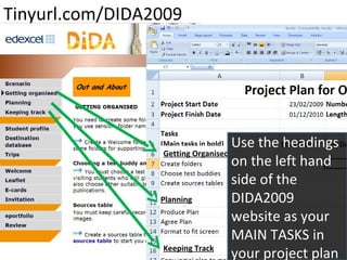 Tinyurl.com/DIDA2009 Getting Organised Planning Keeping Track Use the headings on the left hand side of the DIDA2009 website as your MAIN TASKS in your project plan 